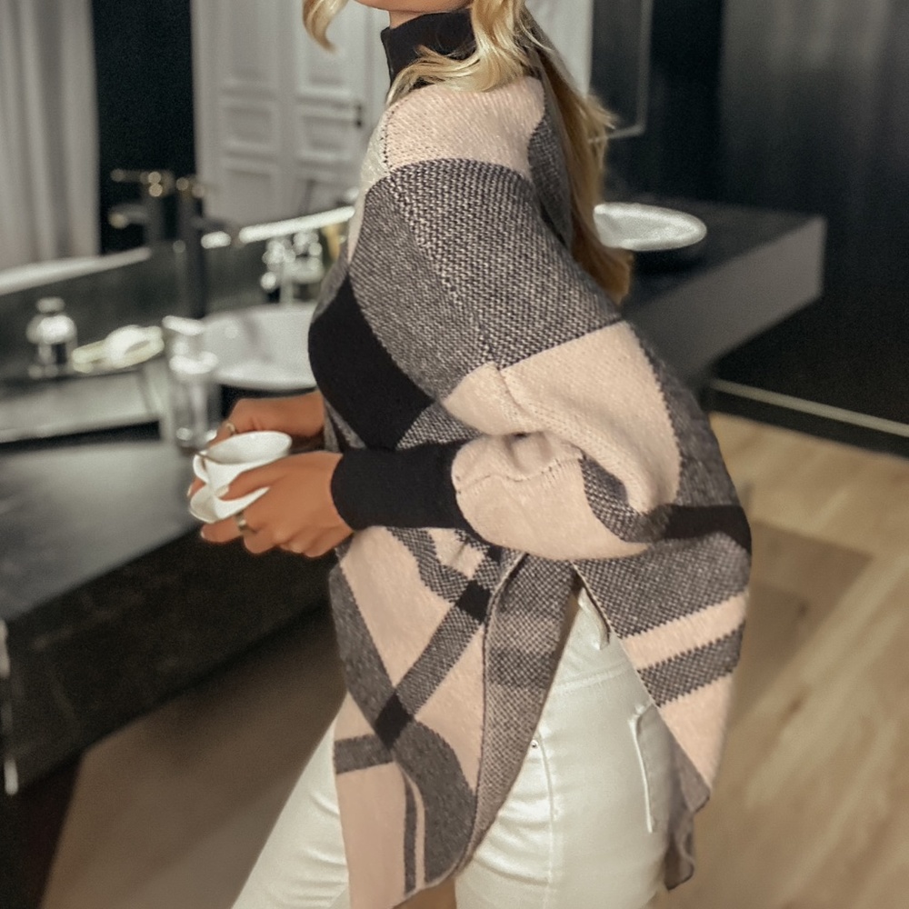 Classic Black Tan Turtleneck Plaid Poncho Knit Sweater - Picture 3 of 8
